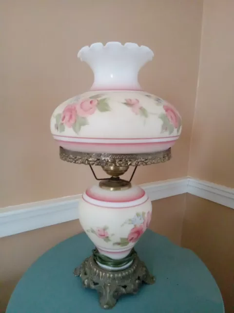 VINTAGE LARGE VICTORIAN GONE WITH THE WIND STYLE LAMP-3 Way Lighting Hand Paint