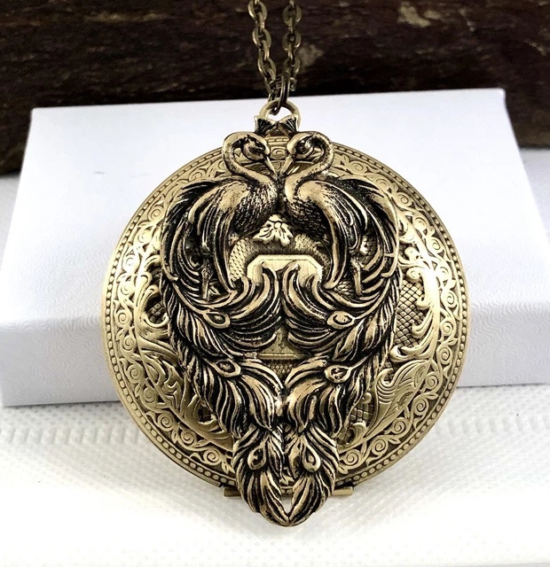 Peacock Vtg Locket Necklace, Art Nouveau, Photo Pill Stash Box, Victorian Design
