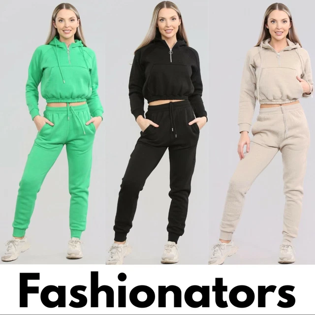 Women Hooded Cropped Top Ladies 2pcs Co-ord Loungewear Sport Suit Tracksuit Set