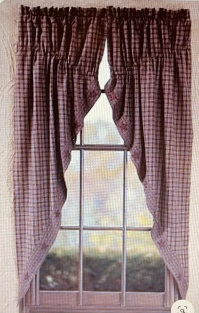 63" L Burgundy Star Applique  Prairie Curtain Set Lined Primitive Farmhouse VHC