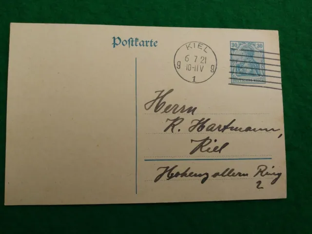 Postkarte, gedruckte 30 Pf, Kiel, 6.7.21
