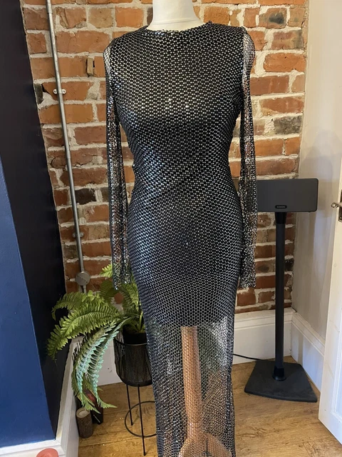 black rhinestone mesh midi dress self portrait self-portrait Square Rhinestone Maxi Dress in Black