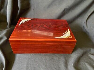 Vintage KOREAN REDWOOD Lacquer Jewelry Box With Mirror Inlaid Mother of Pearl