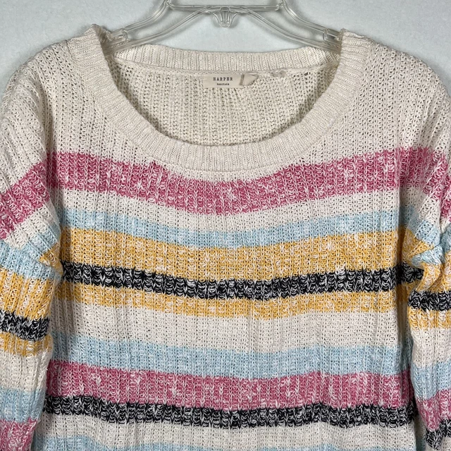 HARPER HERITAGE Ivory Multicolor Marled Stripe 100% Cotton Sweater Womens Medium