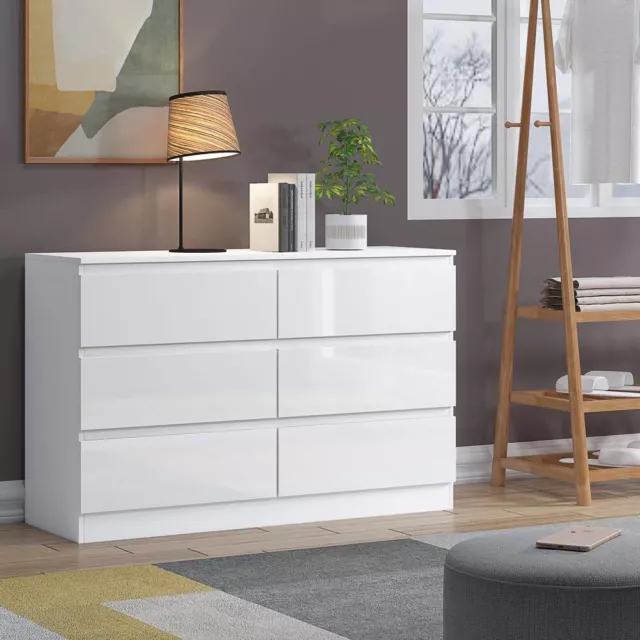 6 Drawers High Gloss Fronts Chest of Drawers Storage Bedside Cabinet White