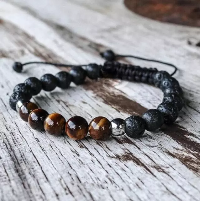 Natural Lava Rock Tiger's Eye Handmade 8mm Round Beads Healing Men Bracelet Gift