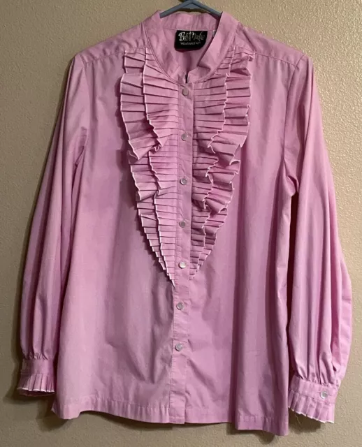 Bob Mackie M Wearable Art Pink Ruffle Tuxedo Blouse Button Shirt