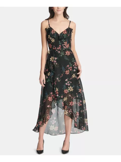 KENSIE Womens Black Ruffled Floral Sleeveless V Neck Maxi Hi-Lo Dress 0
