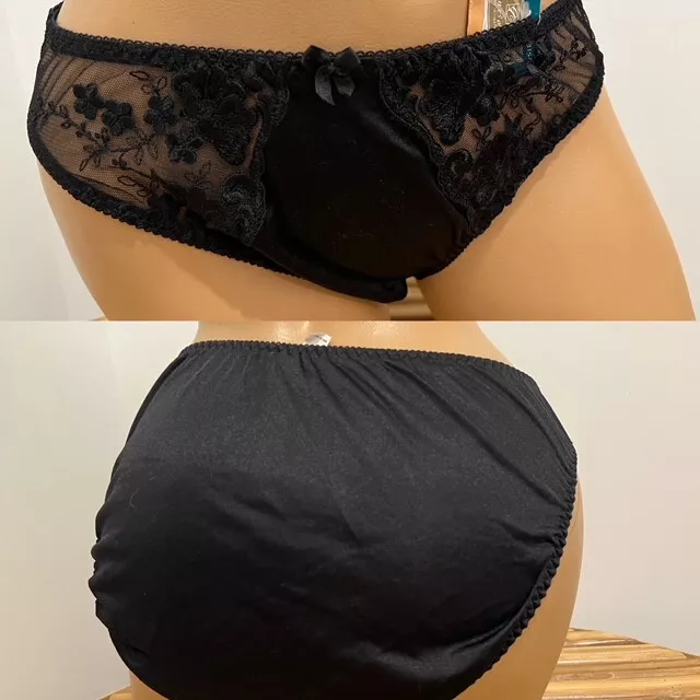 VINTAGE SILKY BLACK nylon & lace embroidery BIKINI PANTY dead stock sz 7