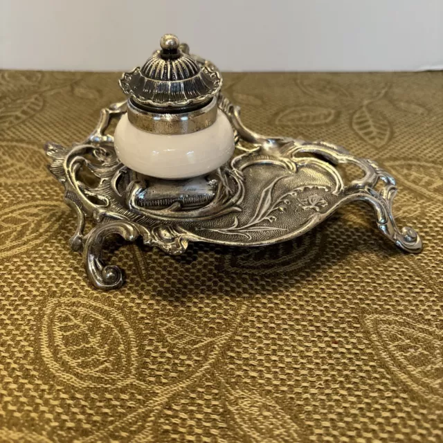 Silver Ink Well Art Nouveau Butterfly Inkwell With White Ceramic Tank Italy