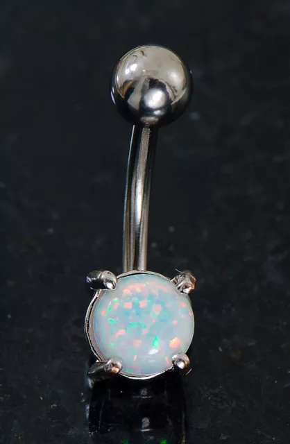 1 Pc Surgical Steel 6MM White Opal Prong Set Navel Belly Button Ring 14g 3/8"