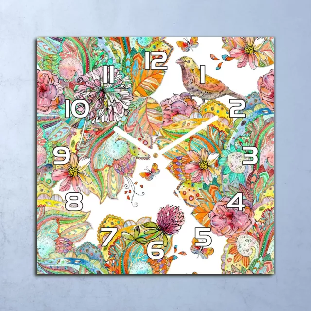 Horloge Murale Design En Verre 30x30 Coloré Mandala Style oiseaux feuilles