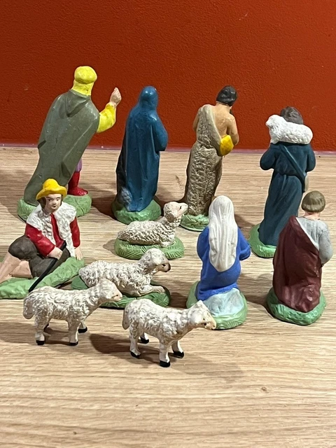 Ancien 11 santons crèche Devineau berger roi Marie Joseph 3 moutons ane boeuf | eBay