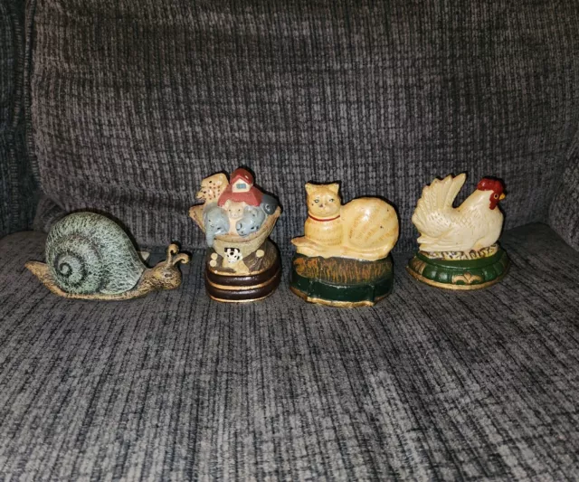 Vintage Cast Iron Door Stopper Lot Of 4 Animal Cat Snail Chicken Noahs Ark