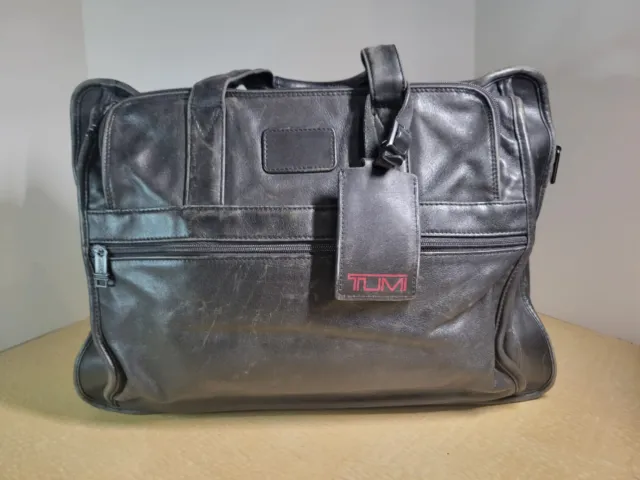TUMI Alpha Expandable Laptop Briefcase Organizer - Black Leather Zipper Packets