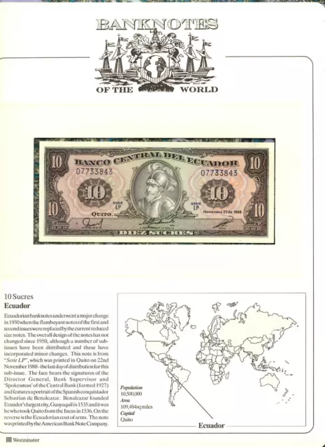 Banknotes of the World Ecuador 10 Sucres 1988 P-121Aa.7 UNC Serie LP 07733843