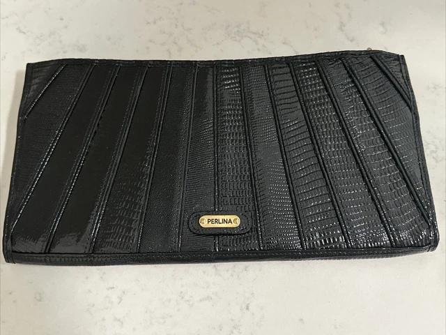 Perlina Black Snake Embossed Leather Clutch