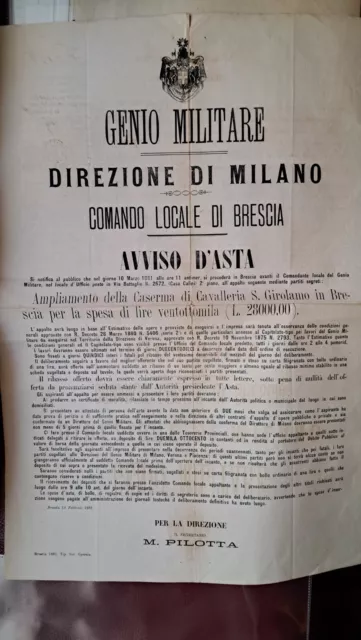 manifesto antico 1881 genio Militare Brescia Caserma di Cavalleria S. Girolamo