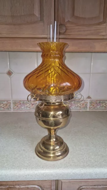 Brass Aladdn Style Oil Lamp With Stunning Amber 10" Shade Vgc