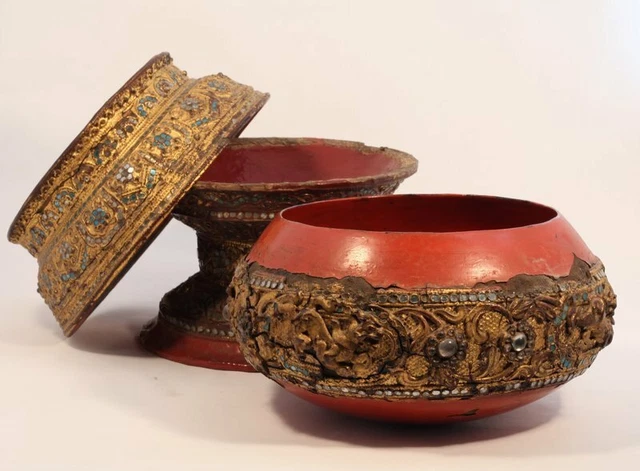 Burmese Shan 3 piece gold Lacquer Temple offering bowl on stand sale 3
