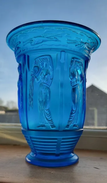 Art Deco Verlys Rare Blue Glass 9.5” Vase Frosted / Clear - "Danaides" Style