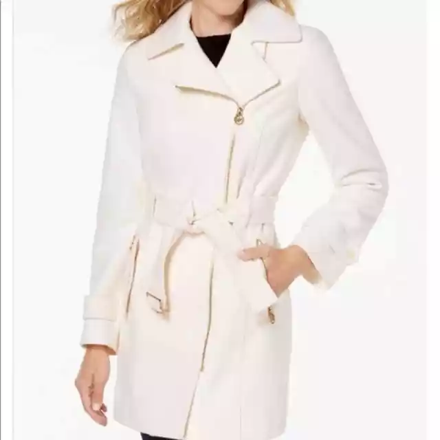 Michael Kors Asymmetrical Zip Ivory/Cream Beiges Trench Coat with Gold hardware