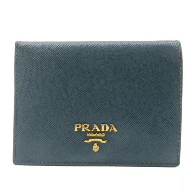 Authentic PRADA Logo Safiano Leather Folded Bi-Fold Wallet Blue 1MV204 Used F/S