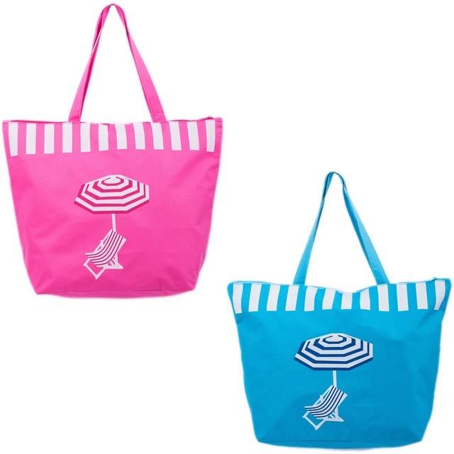 Beach Bag Womens Ladies Large Summer Shoulder Bags Shopper Tote Canvas Zip  Blue