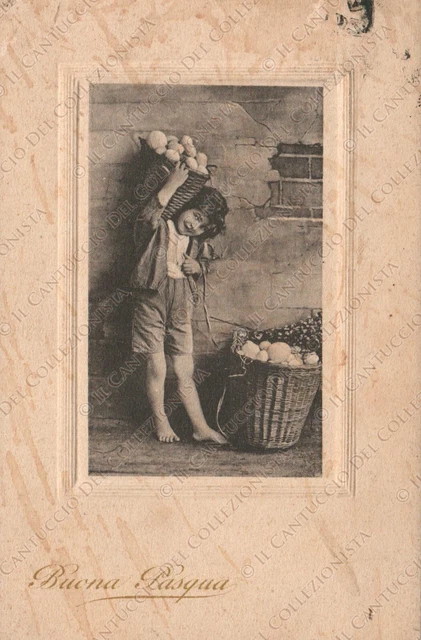 1914 Buona Pasqua Bambino con ceste di frutta Cartolina in rilievo