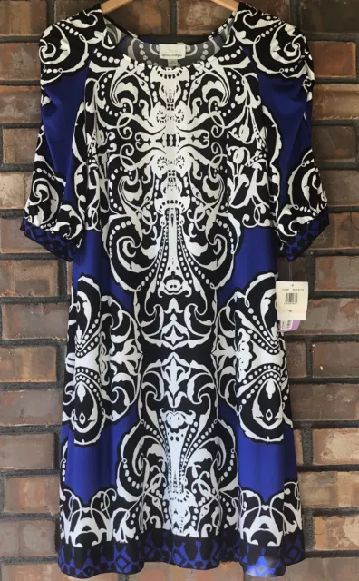 NWT Donna Morgan BOHO Abstract Blue & Black Scarf Print Shift Dress Size 10