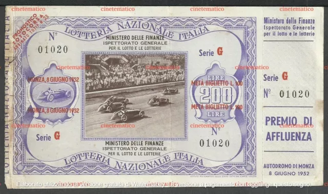 biglietto Lotteria Nazionale Italia (Monza) - 1952 con tagliando