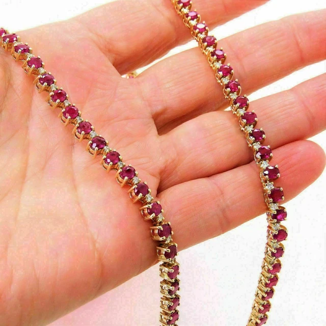 24 ct Ruby And Diamond Tennis Necklace 16 inch 14k Yellow Gold Plated