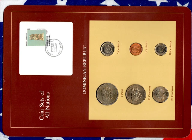 Coin Sets of All Nations Dominican w/card UNC 1 Peso, 50,25,10,5,1 Centavos 1984