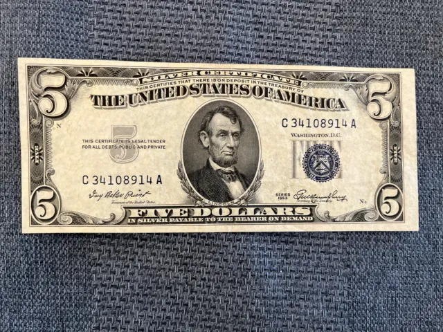1953 $5 Five Dollar Silver Certificate Blue Seal AU/BU