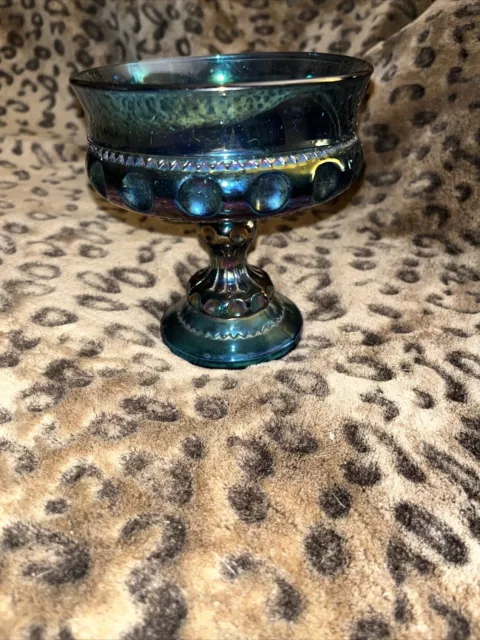 Vintage 1970s Iridescent Blue Carnival Glass Pedestal Compote Candy Bowl Indiana