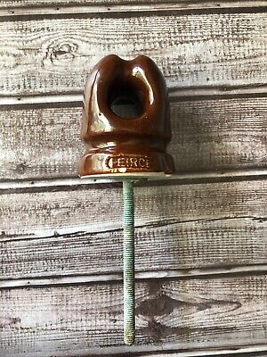 Vintage PIERCE + H Brown Lag Screw Electric Pole Anchor Ceramic Glazed Insulator