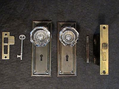 1 Pair Antique Glass Door Knobs Skeleton Key Mortise Backplate (MANY AVAILABLE!) 2