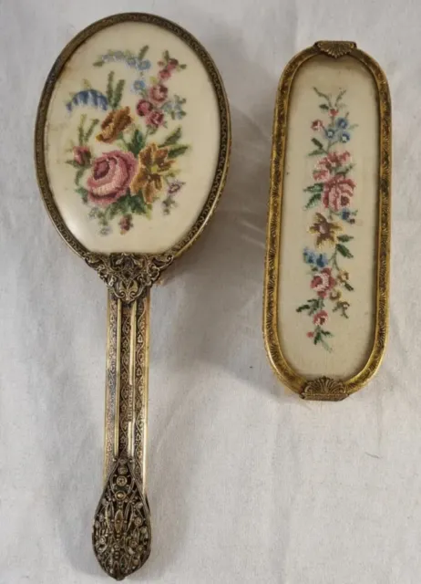 Vintage Vanity items Clothing brushes 1950 tapestry floral petitpoint