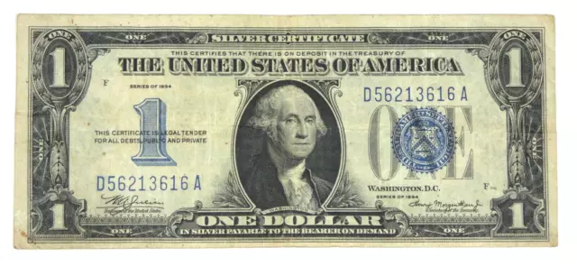 BARGAIN Series 1934 Blue Seal $1 Silver Certificate Note VERY FINE  Fr#1606