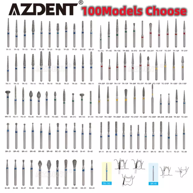 100 Types AZDENT Dental FG Diamond Burs For High Speed Handpiece Friction Grip