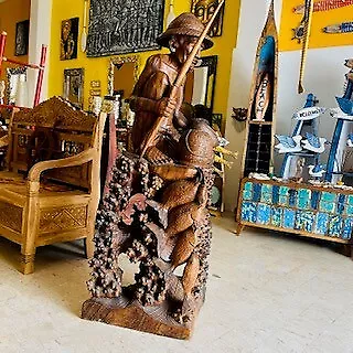 Statua In Legno Teak Massello Scultura Pescatore Arredamento Etnico