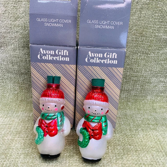 Avon Glass Light Cover Snowman Set of 2  In Original Box Vintage Christmas Decor