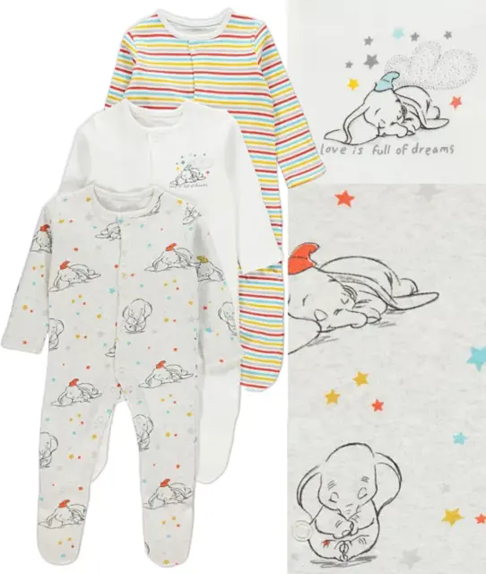 Disney Baby Dumbo Sleepsuits Babygrows 3 Pack Boys Unisex NEW