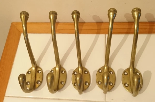 5x Old Vintage/Antique Solid Brass Double Coat Hooks Original Reclaimed 🇬🇧 2