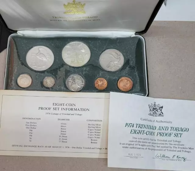 1974 Trinidad and Tobago 8 Coin Proof Set with $5 & $10 Silver, ASW 1.92 oz