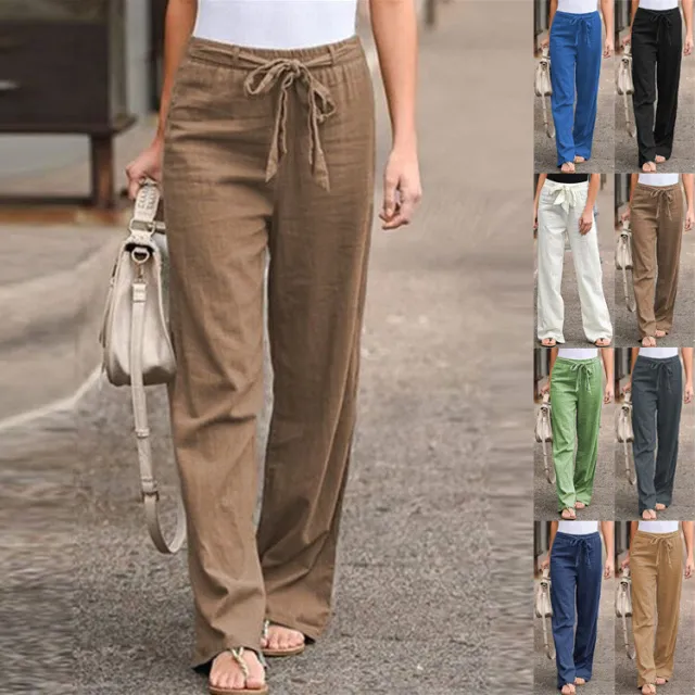 Women's Casual Loose Elastic Waist Pants Summer Linen Cotton Straight Trousers