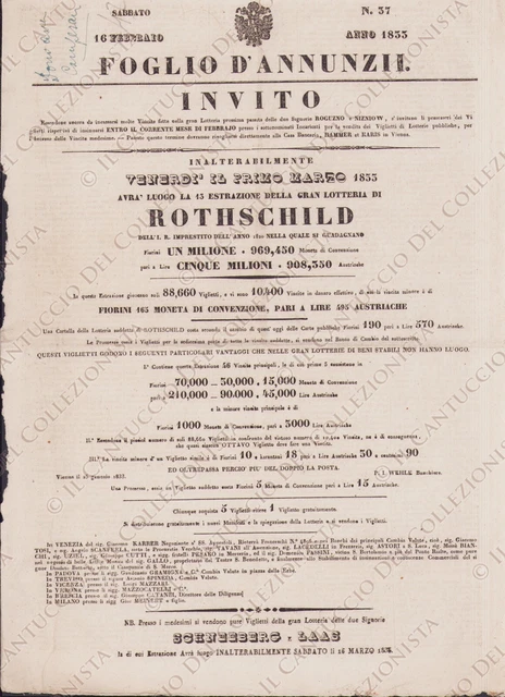 1833 Invito Gran lotteria ROTHSCHILD Roguzno Nizniow Giornale