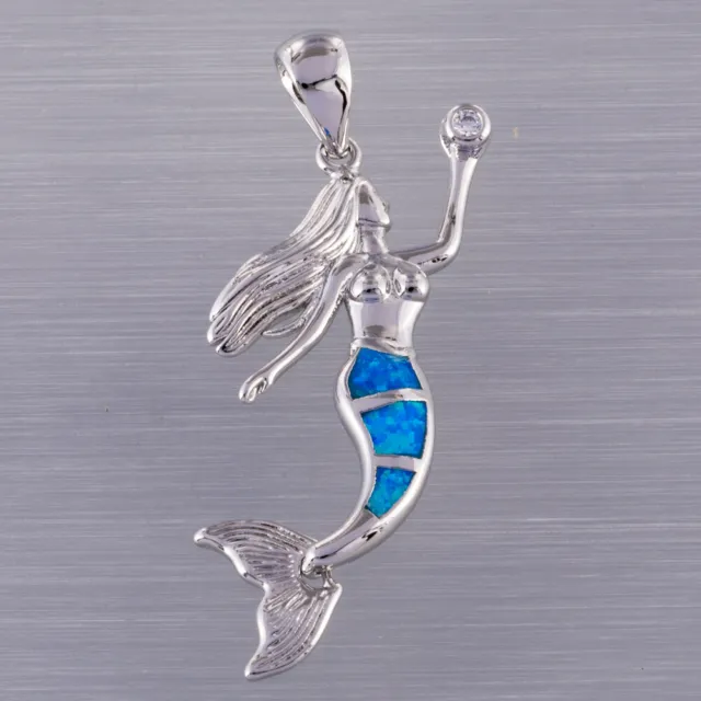 Ocean Blue Fire Opal CZ Mermaid Silver Jewellery Pendant for Necklace