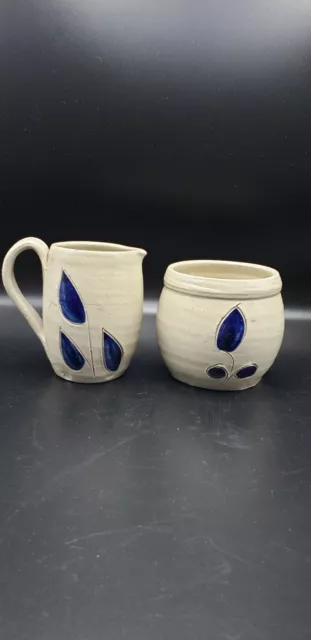 Williamsburg Salt Glaze Pottery Sugar Bowl and Creamer Set, Cobalt Blue Flowers