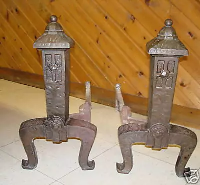 Arts & Craft Cast Iron Hammered Peerless Andirons Fire